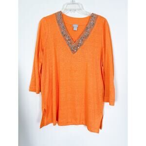 Chicos Linen Top Shirt Womens Medium Orange Beaded Spring Colorful Happy